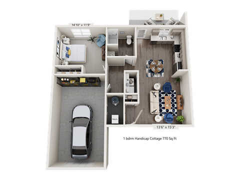 Floor plan for 1 bed, 1 bath, 770 sqft